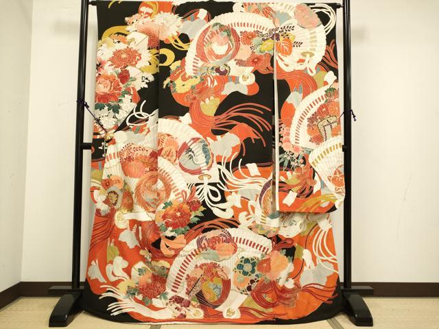 平和屋本店●アンティーク 大正ロマン お引きずり・お引き摺り・引き振袖 和装 衣装 駒刺繍 檜扇吉祥花鳥文 黒地 金彩 逸品 DAAX8001du