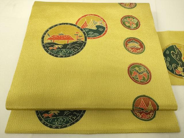 平和屋着物●全通柄九寸名古屋帯　型染　風景丸文　鬼しぼ縮緬　正絹　逸品　DAAX8410du