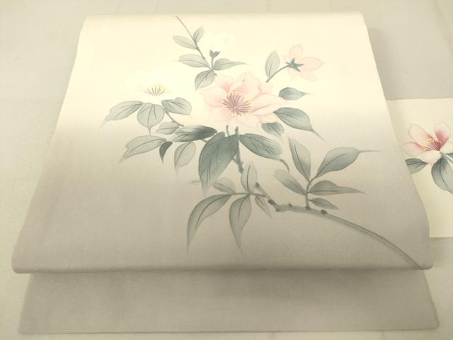 平和屋着物●塩瀬　九寸名古屋帯　手描き　枝花文　正絹　逸品　DAAX8422du