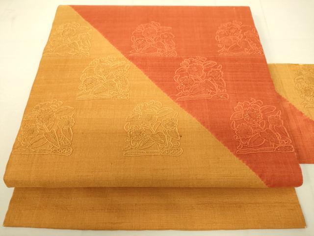 平和屋着物●中国三大刺繍　相良刺繍　総刺繍　九寸名古屋帯　紬地　草花文　正絹　逸品　DAAX8477du