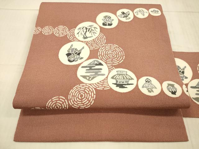 平和屋着物●九寸名古屋帯　型染　人物風景丸文　鬼しぼ縮緬　正絹　逸品　DAAX8525cm