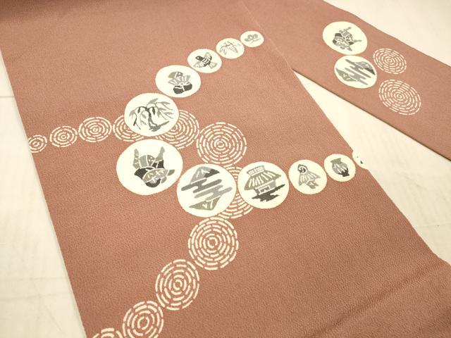 平和屋着物○九寸名古屋帯 型染 人物風景丸文 鬼しぼ縮緬