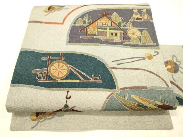 平和屋着物●全通柄九寸名古屋帯　風景文　番傘　簪　鈴　金彩　鬼しぼ縮緬　正絹　逸品　DAAX8534cm