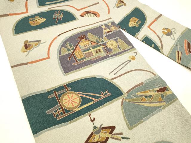 平和屋着物○全通柄九寸名古屋帯 風景文 番傘 簪 鈴