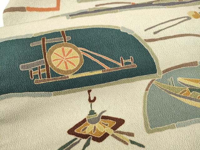 平和屋着物●全通柄九寸名古屋帯　風景文　番傘　簪　鈴　金彩　鬼しぼ縮緬　正絹　逸品　DAAX8534cm 平和屋着物○全通柄九寸名古屋帯 風景文 番傘 簪 鈴