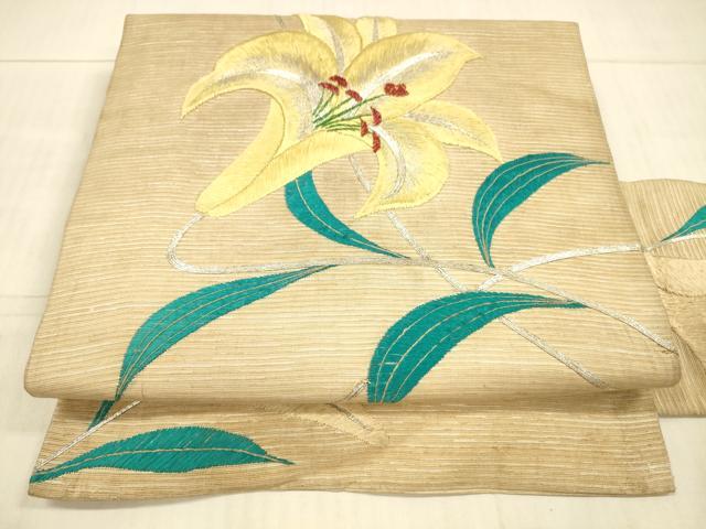 平和屋着物＊夏物　アンティーク　大正ロマン　九寸名古屋帯　駒刺繍　総刺繍　手刺繍　草花文　銀糸　正絹　逸品　DAAX8611cm