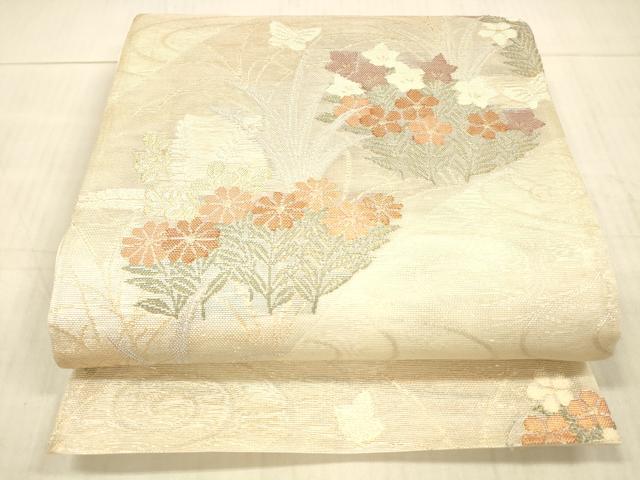 平和屋着物＊夏物　六通柄袋帯　流水草花文　金銀糸　正絹　逸品　DAAX8643cm