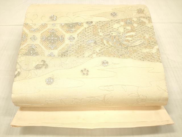 平和屋着物＊夏物 太鼓柄袋帯 総刺繍 花鳥文 銀糸 正絹 逸品