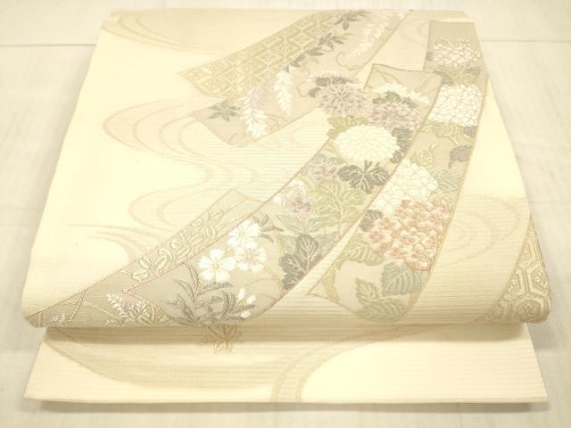 平和屋着物＊夏物　六通柄袋帯　唐織　青々庵　流水短冊草花文　正絹　逸品　DAAX8647cm 平和屋着物＊夏物 六通柄袋帯 唐織 青々庵 流水短冊草花文