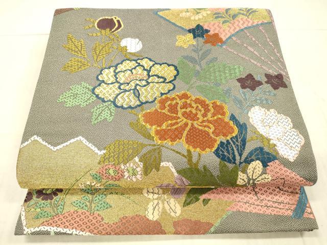 平和屋着物●六通柄袋帯　唐織　扇面草花文　金糸　正絹　逸品　DAAX8706cm