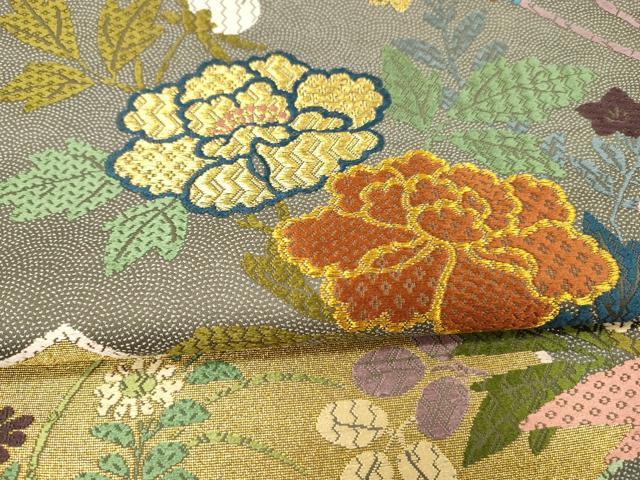 平和屋着物○六通柄袋帯 唐織 扇面草花文 金糸 正絹 逸品 DAAX8706cm