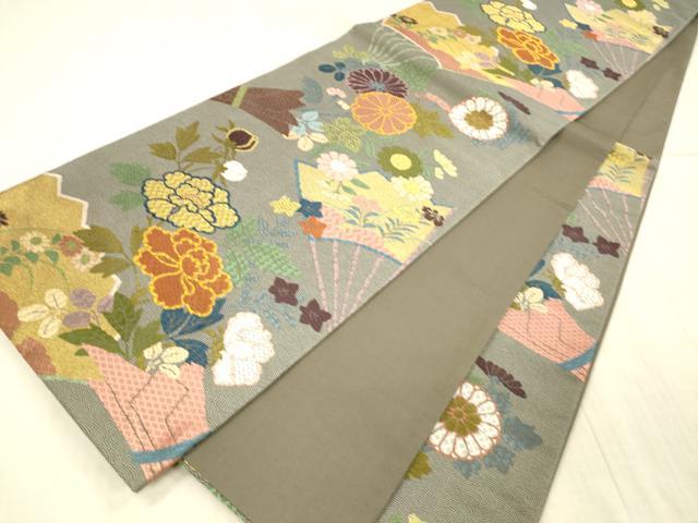 平和屋着物●六通柄袋帯　唐織　扇面草花文　金糸　正絹　逸品　DAAX8706cm 平和屋着物○六通柄袋帯 唐織 扇面草花文 金糸 正絹 逸品 DAAX8706cm