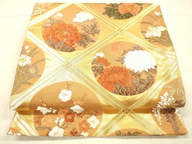 平和屋着物●西陣　河合美術織物謹製　六通柄袋帯　唐織　草花文　金糸　正絹　逸品　DAAX8719cm