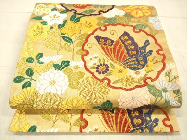 平和屋着物●六通柄袋帯　唐織　雪輪花寄文　金糸　正絹　逸品　DAAX8725cm