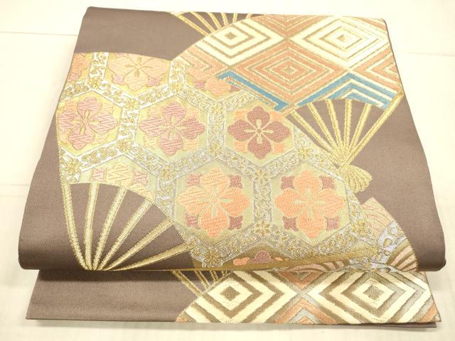 平和屋着物●西陣　川島織物　六通柄　本袋帯　扇面花文　金銀糸　正絹　逸品　DAAX8728cm