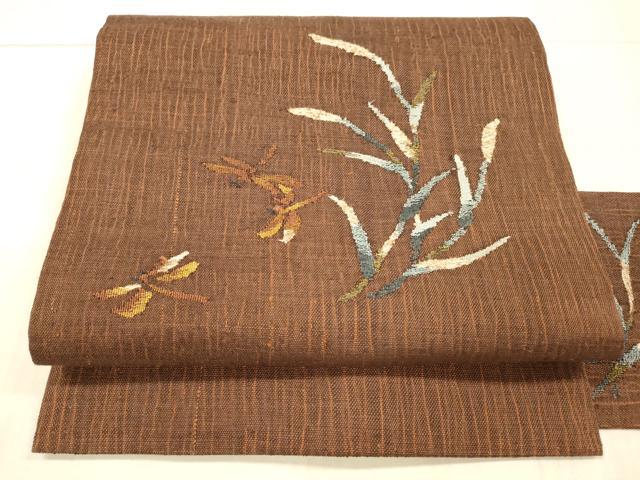 平和屋着物●九寸名古屋帯　紬地　蜻蛉草葉文　正絹　逸品　DAAX8734cm
