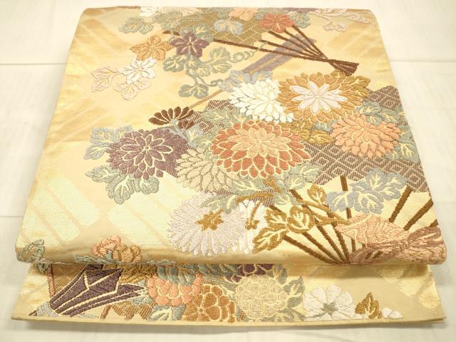平和屋着物●六通柄袋帯　唐織　扇面草花文　金糸　正絹　逸品　DAAX8736cm