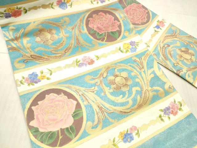 平和屋着物○九寸名古屋帯 花唐草文 金彩 引箔 正絹 逸品 DAAX8825cm