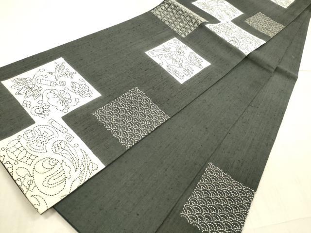 平和屋着物○六通柄袋帯 紬地 総刺繍 刺し子 宝尽くし麻の葉文