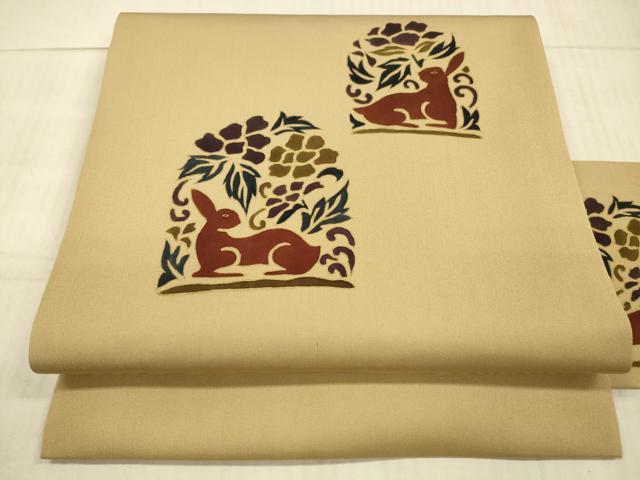 平和屋着物●九寸名古屋帯　花兎　金糸　正絹　逸品　DAAX8838cm