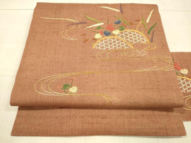 平和屋着物●九寸名古屋帯　生紬　駒刺繍　総刺繍　流水籬草花文　金彩　正絹　逸品　DAAX8839cm