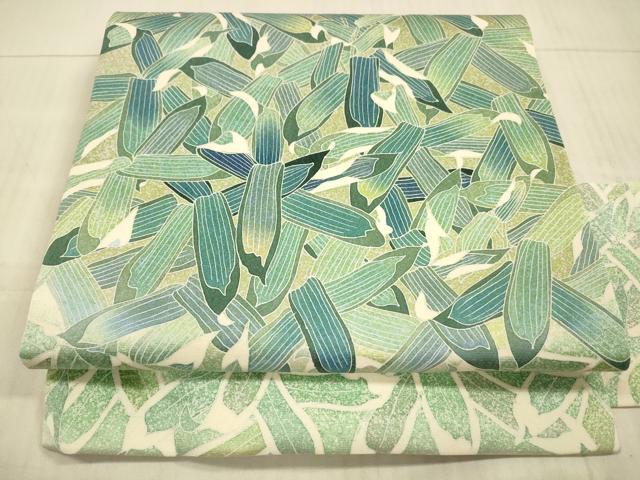 平和屋着物●染織工芸作家　京手描友禅　田村信之　九寸名古屋帯　作家物　草葉文　銀通し地　正絹　逸品　DAAX8845cm