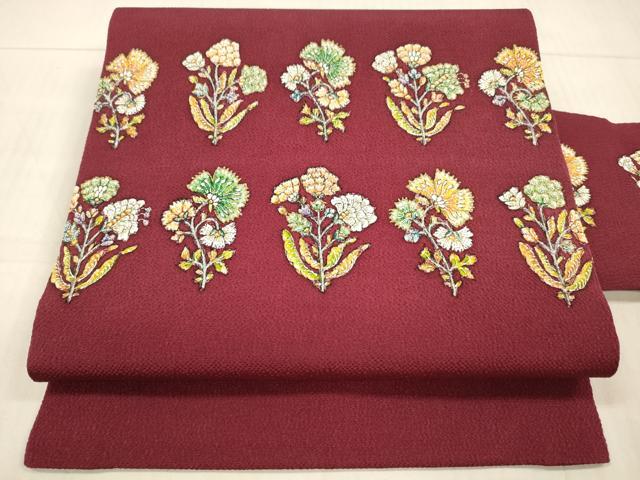 平和屋着物●九寸名古屋帯　更紗草花文　金彩　鬼しぼ縮緬　正絹　逸品　DAAX8849cm