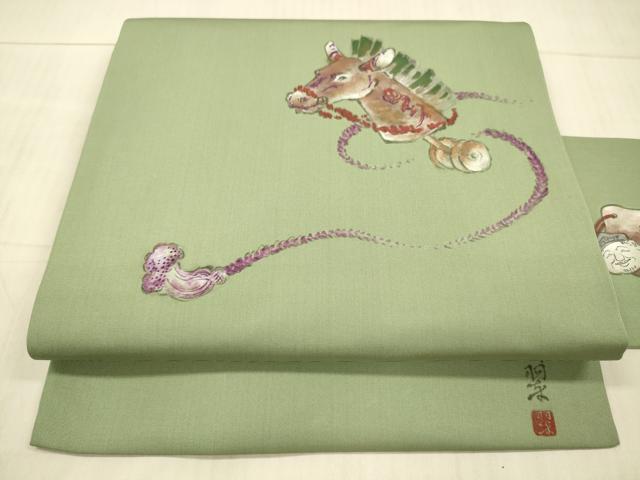 平和屋着物●塩瀬　九寸名古屋帯　作家物　手描き　玩具文　馬　正絹　逸品　DAAX8857cm