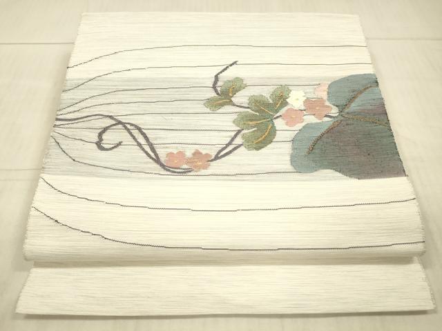 平和屋着物●八寸名古屋帯　すくい織　蔦の葉花文　金糸　正絹　逸品　DAAX8862cm