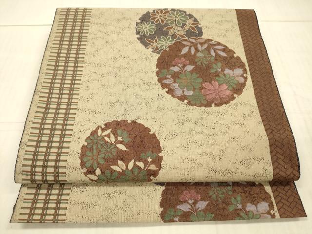 平和屋着物●本場筑前博多織　八寸名古屋帯　雪輪草花文　正絹　逸品　DAAX8863cm
