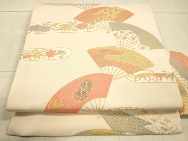 平和屋着物●塩瀬　九寸名古屋帯　扇面花唐草文　金彩　正絹　逸品　DAAX8868cm
