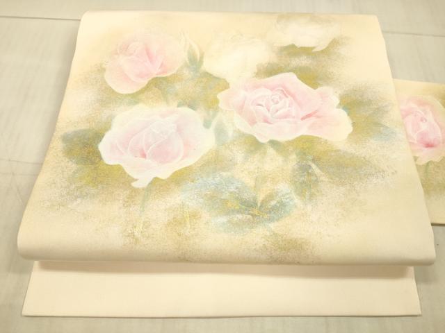 平和屋着物●塩瀬　九寸名古屋帯　薔薇　バラ　金銀彩　正絹　逸品　DAAX8874cm