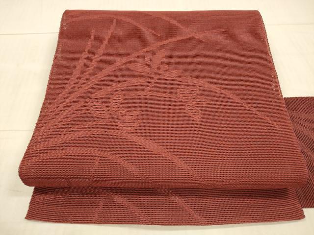 平和屋着物＊夏物　八寸名古屋帯　草葉文　蘇芳色　DAAX8929cm