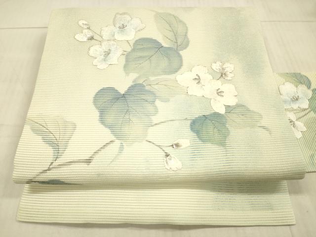 平和屋着物＊夏物　九寸名古屋帯　作家物　手描き　刺繍　枝花文　銀彩　正絹　逸品　DAAX8971cm