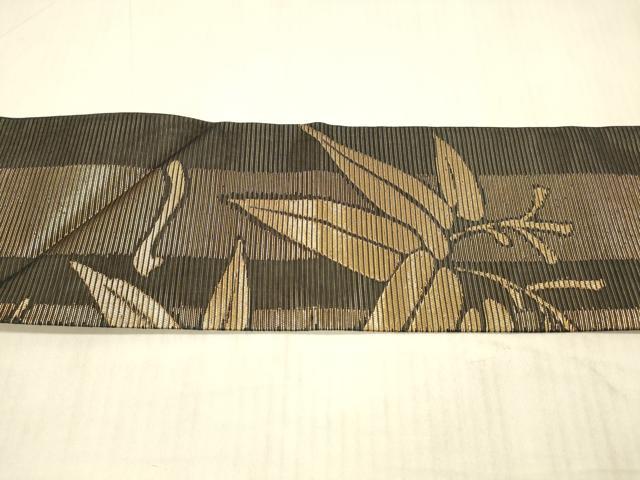 平和屋着物＊夏物　全通柄九寸名古屋帯　笹竹文　黒地　金糸　正絹　逸品　DAAX8973cm 平和屋着物◎九寸名古屋帯 唐織 笹竹文 黒地 金糸 正絹 逸品 BAAW8996yc
