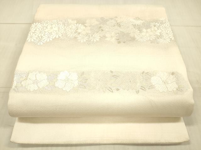 平和屋着物＊夏物　六通柄袋帯　唐織　横段草花文　銀糸　正絹　逸品　DAAX8995cm