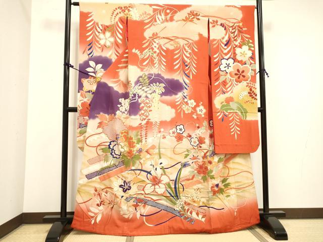 平和屋着物●アンティーク　大正ロマン　振袖　駒刺繍　草花　暈し染　正絹　逸品　DAAX9472fe