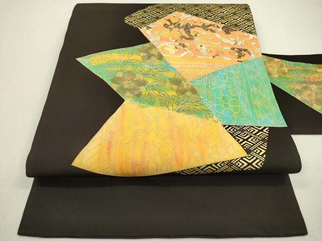 平和屋着物●塩瀬　九寸名古屋帯　切嵌花唐草文　黒地　金銀彩　正絹　逸品　DAAX9847fe