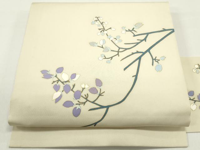 平和屋着物●塩瀬　九寸名古屋帯　枝花文　砂色　金彩　正絹　逸品　DAAY0018ob