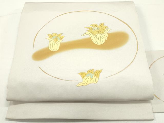 平和屋着物●塩瀬　九寸名古屋帯　駒刺繍　ふきのとう　白梅鼠色　金彩　正絹　逸品　DAAY0019ob