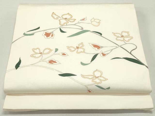 平和屋着物○塩瀬 九寸開き名古屋帯 駒刺繍 枝花文 象牙