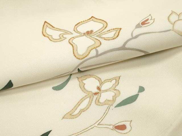 平和屋着物●塩瀬　九寸開き名古屋帯　駒刺繍　枝花文　金彩　正絹　逸品　DAAX8435du 平和屋着物○塩瀬 九寸開き名古屋帯 駒刺繍 枝花文 象牙