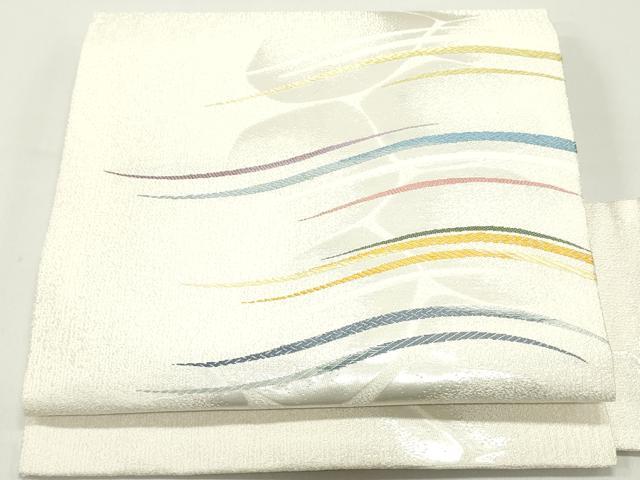 平和屋着物●九寸名古屋帯　石畳横段文　象牙色　銀糸　正絹　逸品　DAAY0037ob