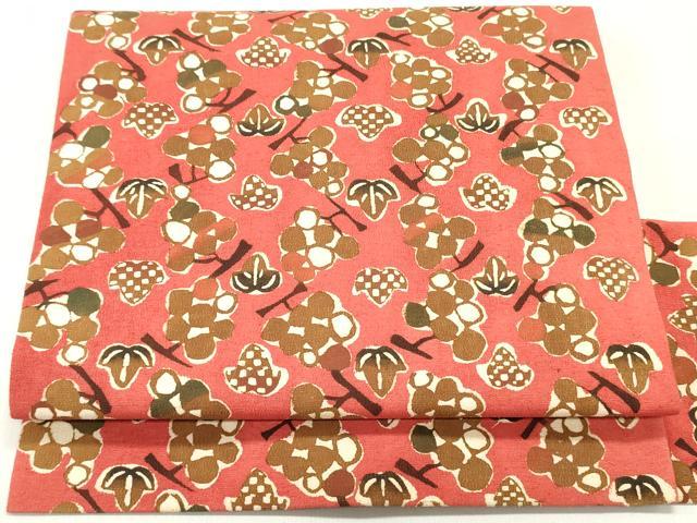 平和屋着物●全通柄九寸名古屋帯　紬地　型染め　葡萄葉文　茜色　三越扱い　正絹　逸品　未使用　DAAY0045ob