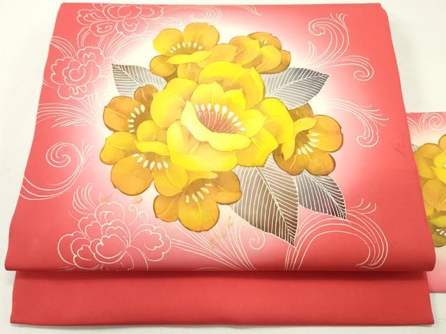 平和屋着物●塩瀬　九寸名古屋帯　手描き　草花文　紅赤色　金銀彩　正絹　逸品　DAAY0047ob