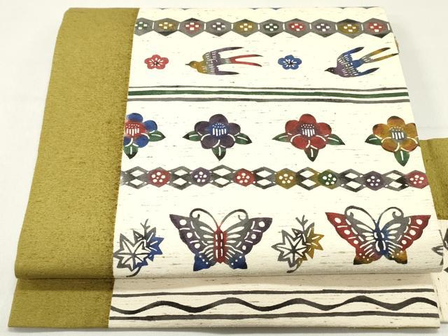 平和屋着物●九寸名古屋帯　作家物　ぜんまい紬　紅型　舞蝶花鳥間道　正絹　逸品　DAAY0051ob