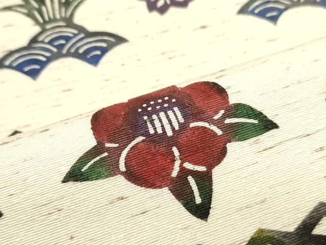 平和屋着物●九寸名古屋帯　作家物　ぜんまい紬　紅型　舞蝶花鳥間道　正絹　逸品　DAAY0051ob 平和屋着物○九寸名古屋帯 作家物 ぜんまい紬 紅型 舞蝶花鳥