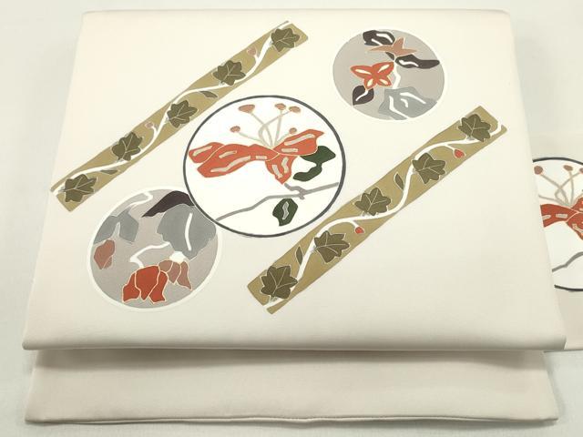 平和屋着物●塩瀬　九寸名古屋帯　駒刺繍　型染め　蔦の葉丸文　素色　金彩　正絹　逸品　DAAY0067ob