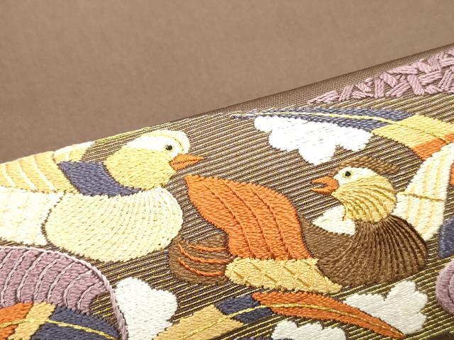 平和屋着物●塩瀬　九寸名古屋帯　唐織　切嵌鴛鴦吉祥花文　焦茶色　金糸　正絹　逸品　DAAY0069ob 平和屋着物○塩瀬 九寸名古屋帯 唐織 切嵌鴛鴦吉祥花文