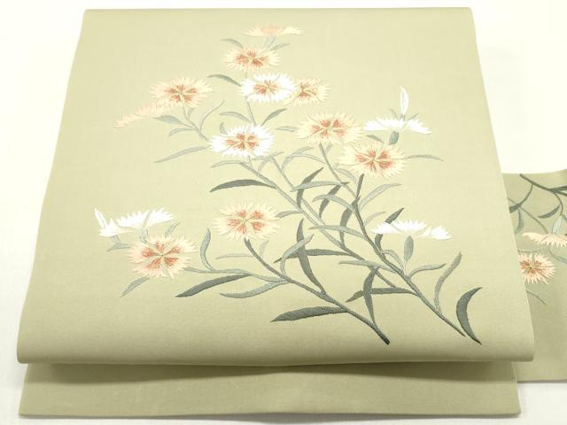 平和屋着物●塩瀬　九寸名古屋帯　総刺繍　草花文　抹茶色　金糸　正絹　逸品　DAAY0070ob